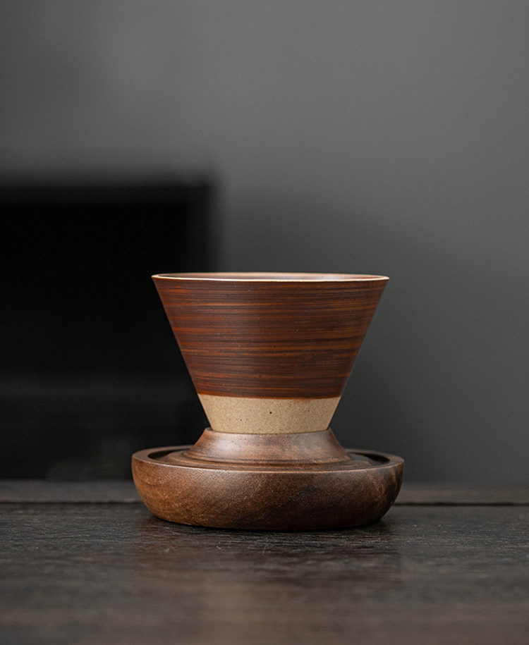 Handmade Cone Ceramic Mug with Wooden Saucer – Retro Stoneware Cup for