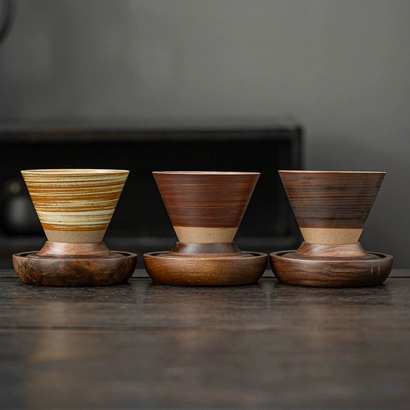 Handmade Cone Ceramic Mug with Wooden Saucer – Retro Stoneware Cup for