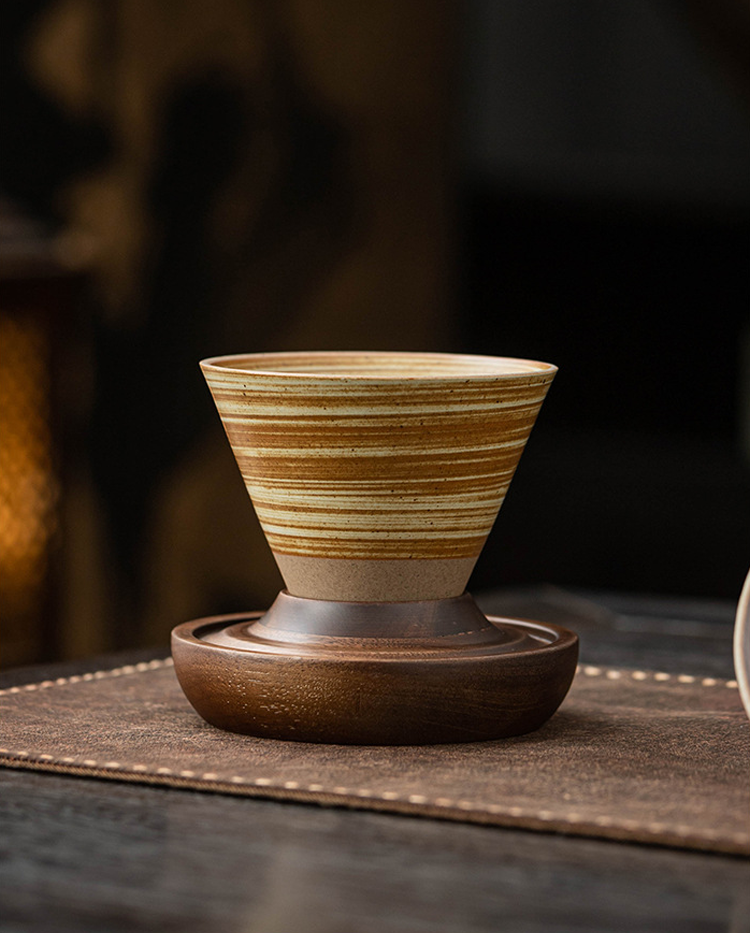 Handmade Cone Ceramic Mug with Wooden Saucer – Retro Stoneware Cup for