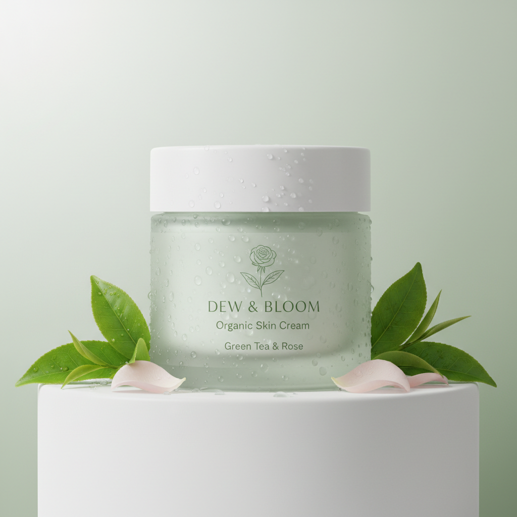Dew & Bloom Organic Radiance Face Cream in frosted glass jar